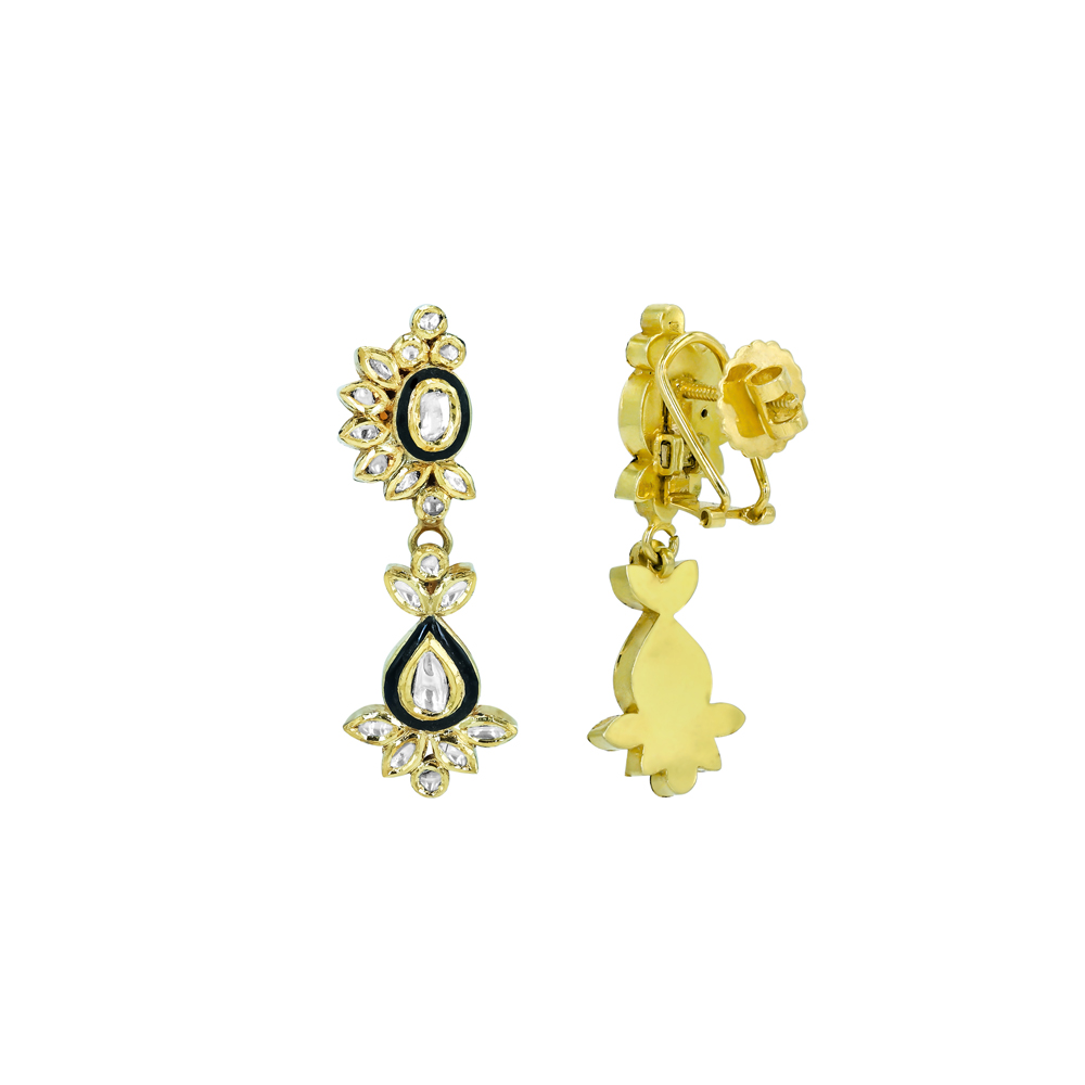 Polki Earrings with Black Meena and Teardrop Polki